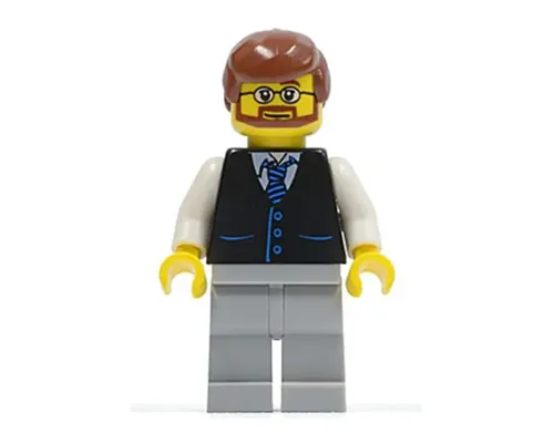 Black Vest with Blue Striped Tie, Light Bluish Gray Legs, White Arms, Reddish Brown Male Hair, Beard and Glasses Image