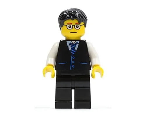 Black Vest with Blue Striped Tie, Black Legs, White Arms, Black Short Tousled Hair, Glasses Image