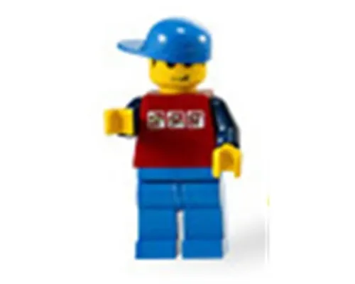 Red Shirt with 3 Silver Logos, Dark Blue Arms, Blue Legs, Blue Cap Image