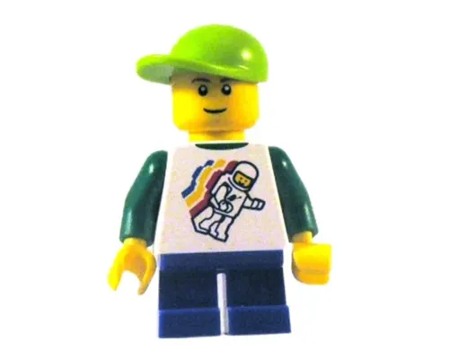 Classic Space Minifigure Floating Pattern, Blue Short Legs, Lime Short Bill Cap (Undetermined Eyebrows) Image