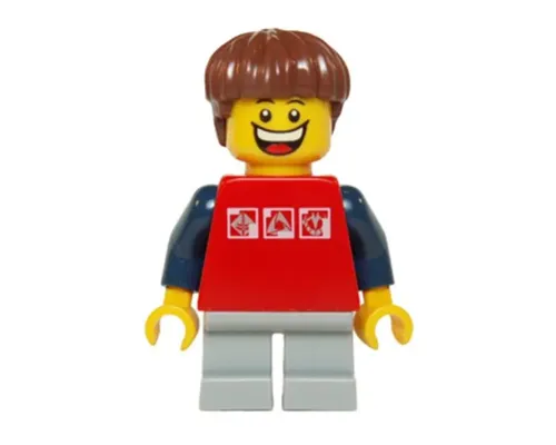 Red Shirt with 3 Silver Logos, Dark Blue Arms, Light Bluish Gray Short Legs, Reddish Brown Hair Image