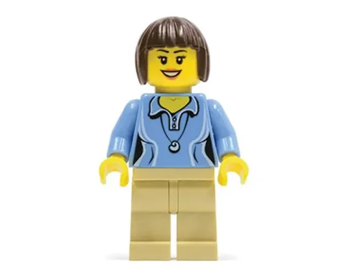 Medium Blue Female Shirt with Two Buttons and Shell Pendant, Tan Legs, Dark Brown Bob Cut Hair Image