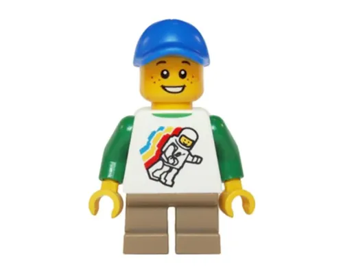 Classic Space Minifigure Floating Pattern, Short Dark Tan Legs, Blue Short Bill Cap Image