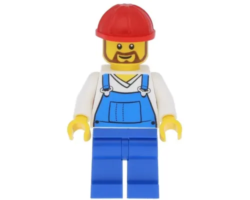 Overalls Blue over V-Neck Shirt, Blue Legs, Red Construction Helmet, Beard Image