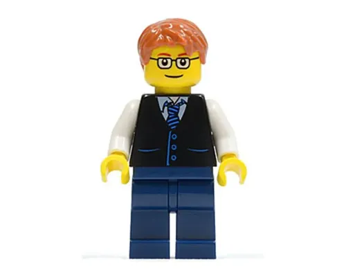 Black Vest with Blue Striped Tie, Dark Blue Legs, White Arms, Dark Orange Short Tousled Hair, Rectangular Glasses Image