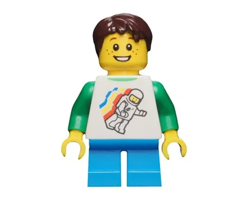 Classic Space Minifigure Floating Pattern, Dark Azure Short Legs, Dark Brown Short Tousled Hair Image