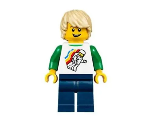 Boy - Classic Space Minifigure Floating Pattern, Dark Blue Legs, Tan Tousled Hair Image