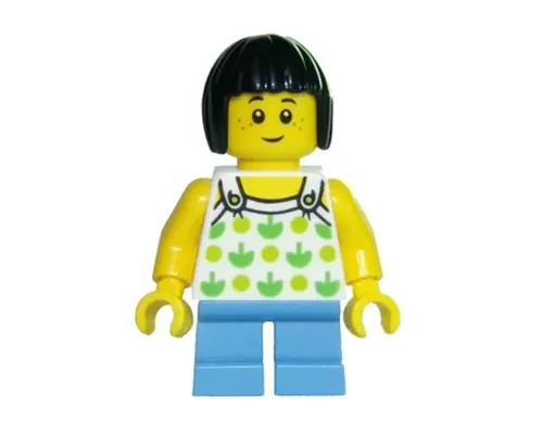 Child - Girl, White Halter Top with Green Apples and Lime Spots, Medium Blue Short Legs, Black Bob Cut Hair, Freckles Image