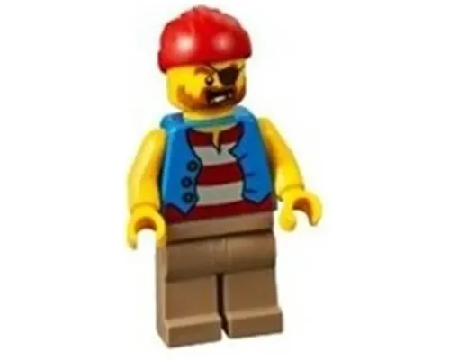 Pirate Man, Striped Red and White Shirt Under Blue Vest, Red Bandana, Left Eye Patch and 3 Gold Teeth, Dark Tan Legs Image