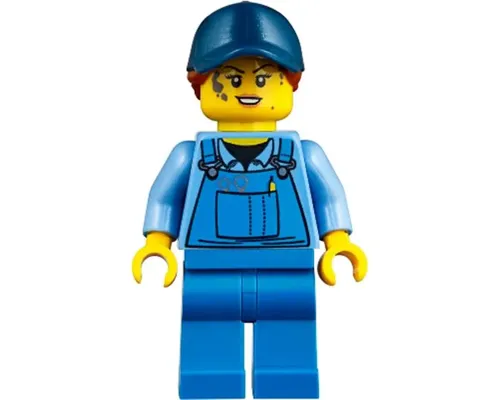 Mechanic - Female, Blue Overalls over Medium Blue Shirt, Blue Legs, Dark Blue Cap with Dark Orange Ponytail, No Back Print Image