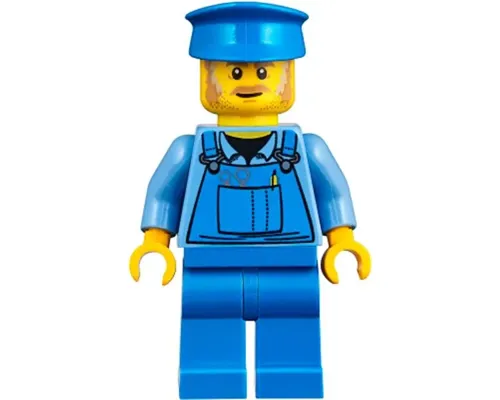 Mechanic - Male, Blue Overalls over Medium Blue Shirt, Blue Legs, Blue Police Hat, Dark Tan Moustache and Sideburns, No Back Print Image