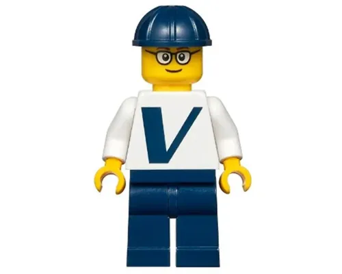 Male with Vestas Logo on Torso, Dark Blue Legs, Dark Blue Construction Helmet, Glasses Image