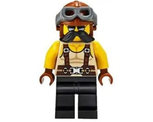 Man, Tan Tank Top, Black Moustache, Reddish Brown Suspenders and Aviator Cap with Dark Bluish Gray Goggles Image