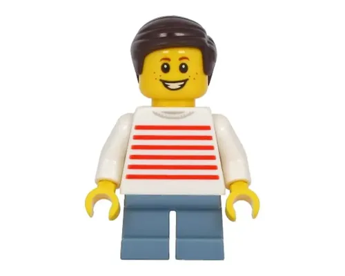 Child - Boy, White Sweater with Red Horizontal Stripes, Sand Blue Short Legs, Dark Brown Hair, Freckles Image