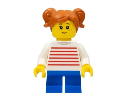 Child - Girl, White Sweater with Red Horizontal Stripes, Blue Short Legs, Dark Orange Hair with Pigtails, Freckles Image