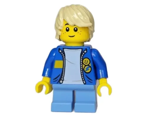 Child - Boy, Blue Jacket with Yellow Stripe, Medium Blue Short Legs, Tan Tousled Hair, Freckles Image