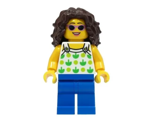 Beach Tourist - Female, White Halter Top with Green Apples and Lime Spots, Blue Legs, Dark Brown Long Tousled Hair, Sunglasses Image