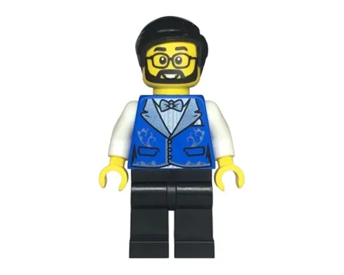 Hotel Receptionist - Male, Blue Vest with Metallic Light Blue Lapels, Black Legs, Black Hair, Beard and Glasses Image