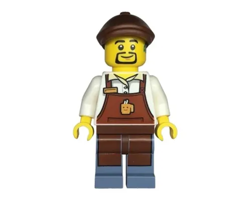 Barista - Male, Reddish Brown Apron with Cup and Name Tag, Sand Blue Legs, Reddish Brown Flat Cap, Hearing Aid Image