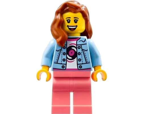 Record Store Clerk - Female, Bright Light Blue Denim Jacket, Coral Legs, Dark Orange Hair, Freckles Image