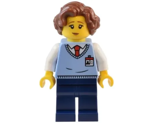 Natural History Museum Employee - Female, Bright Light Blue Sweater Vest with ID Badge, Dark Blue Legs, Reddish Brown Hair Image