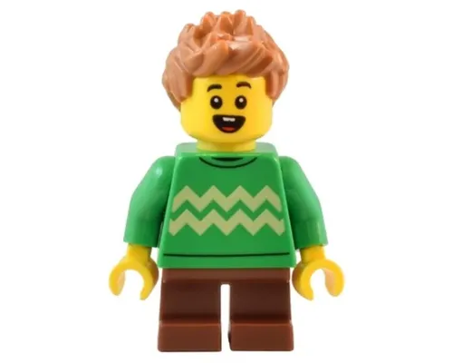 Child - Boy, Bright Green Sweater with Bright Light Yellow Zigzag Lines, Reddish Brown Short Legs, Medium Nougat Spiked Hair Image