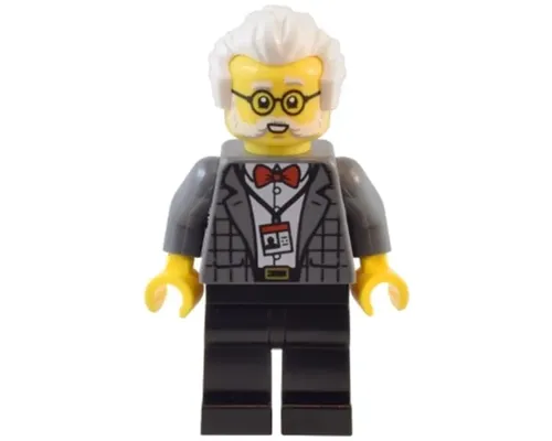 Natural History Museum Curator - Male, Dark Bluish Gray Plaid Jacket with Red Bow Tie, Black Legs, White Hair, Glasses Image