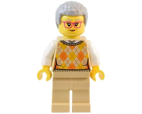 Natural History Museum Visitor - Female, Tan Knit Argyle Sweater Vest, Tan Legs, Light Bluish Gray Coiled Hair, Glasses Image