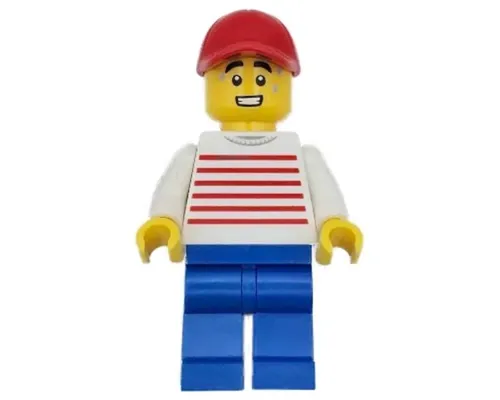 Retro Food Truck Vendor - Male, White Sweater with Red Horizontal Stripes, Blue Legs, Red Cap, Sweat Drops Image