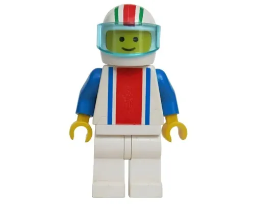 Vertical Lines Red & Blue - Blue Arms - White Legs, White Red/Green Striped Helmet, Trans-Light Blue Visor Image