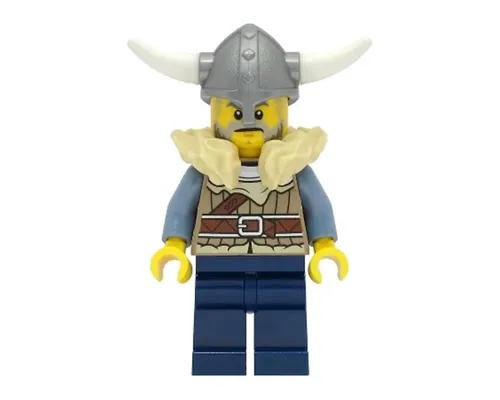 Viking Warrior - Male, Dark Tan Jacket with Tan Fur, Dark Blue Legs, Flat Silver Helmet Image