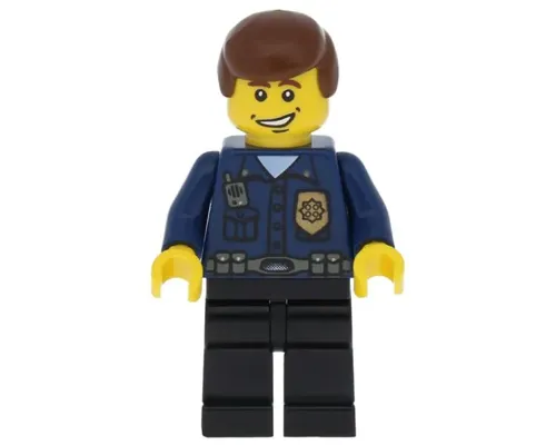 Police - World City Patrolman, Dark Blue Shirt with Badge and Radio, Black Legs, Brown Male Hair, Smile Image