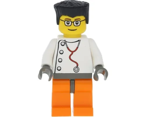 Doctor - Stethoscope with 4 Side Buttons, Orange Legs, Black Flat Top Hair, Glasses Image