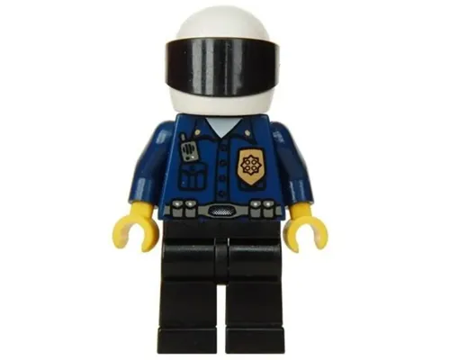 Police - World City Patrolman, Dark Blue Shirt with Badge and Radio, Black Legs, White Helmet, Black Visor Image